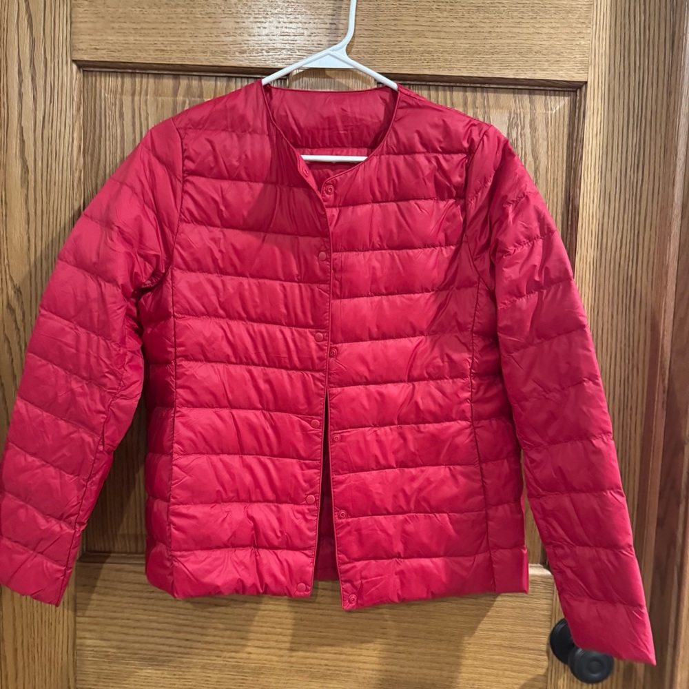 Red Lightweight Snap Front Puffer Jacket Packable